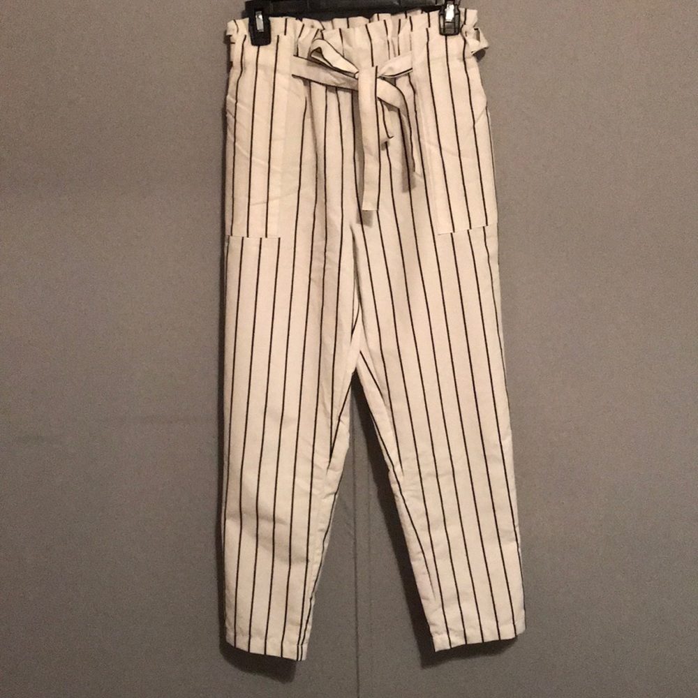 White and black striped pants